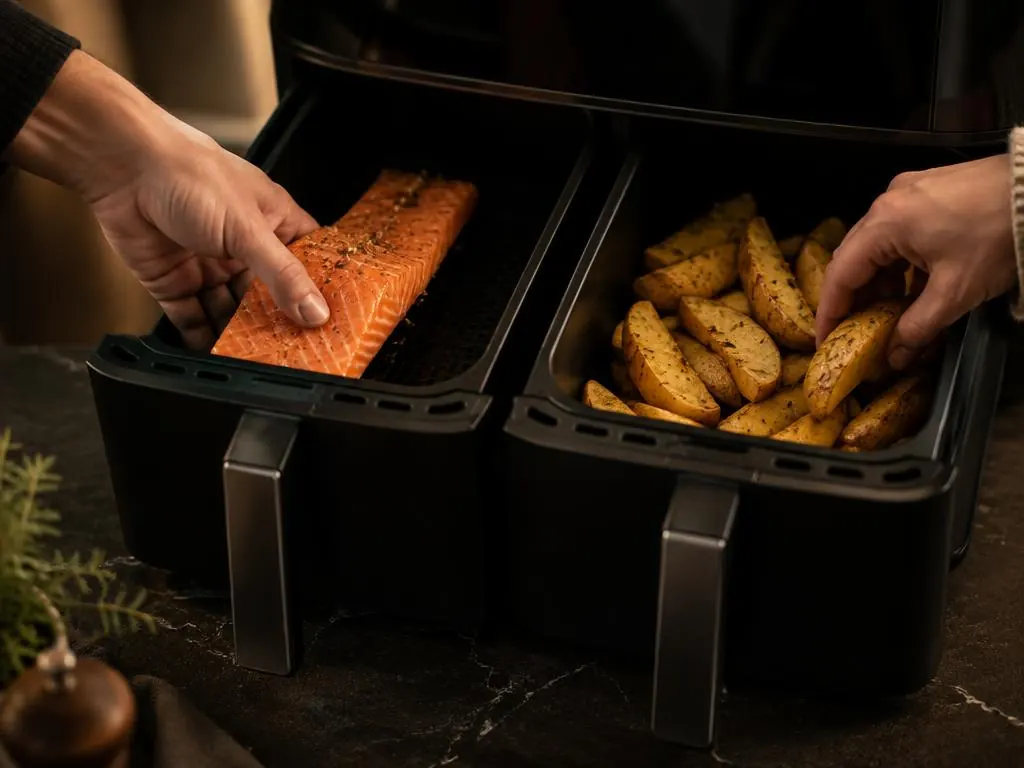 Repartiendo salmón y patatas entre las dos cestas